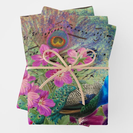 Pfau-Blume und Musik Geschenkpapier Set (Beispiel)