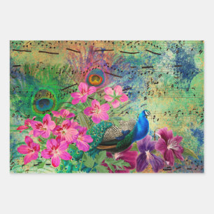 Pfau-Blume und Musik Geschenkpapier Set