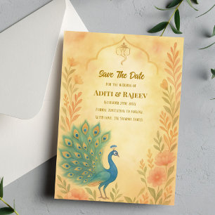 Pfau Blumen Indische Hochzeit Save the Date Karte