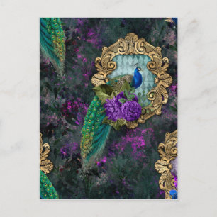 Pfau, Blumen und Goldrahmen Postkarte