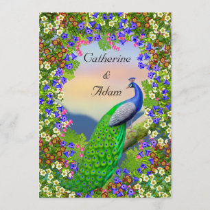 Pfau-Blumenparadies-Hochzeits-Einladung Einladung