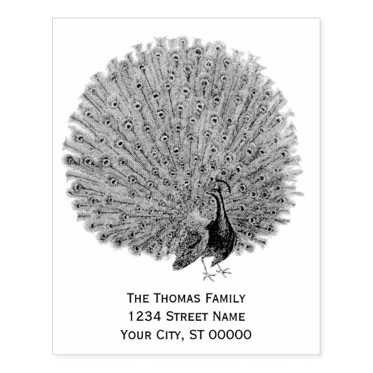 Pfau, der seine Federn-Rücksendeadresse abbildet Gummistempel (Prägung)