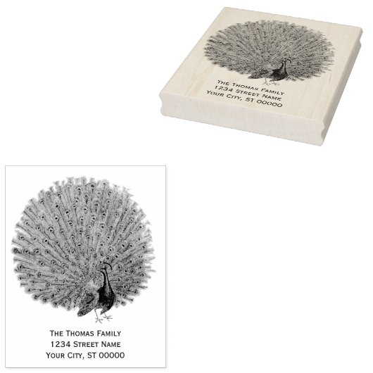 Pfau, der seine Federn-Rücksendeadresse abbildet Gummistempel (Stempel)