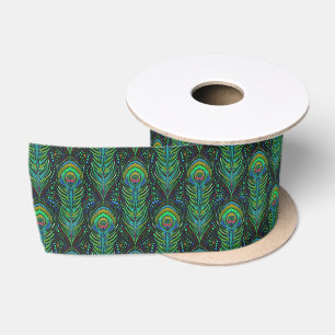 Pfau des klaren Grüns 3" Satinband-Federdruck Satinband