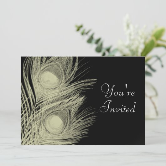 Pfau-Einladung - Schwarzweiss Einladung (Stehend Vorderseite)