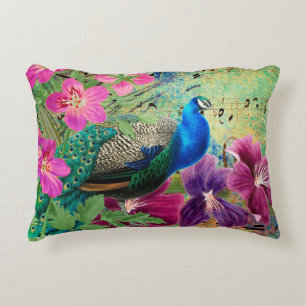 Pfau Elegant Blau Rosa Blumen Grün  Dekokissen