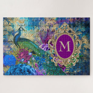 Pfau Elegant Vintage Lila Türkis Gold Monogramm Puzzle