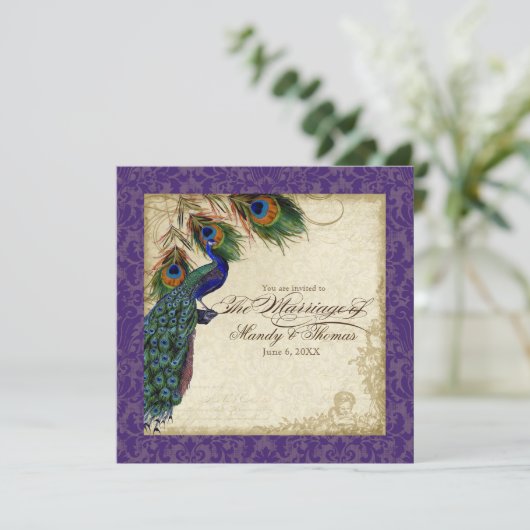 Pfau & Feathers Einladung Lila (Stehend Vorderseite)