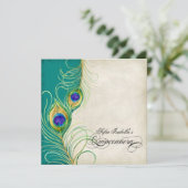Pfau-Feder-aquamarines blaues Damast Quinceanera Einladung (Stehend Vorderseite)