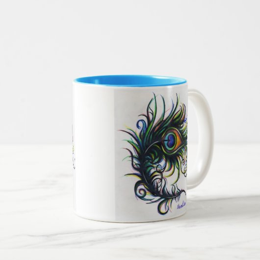 Pfau-Feder-Kaffee-Tasse Zweifarbige Tasse (VorderseiteRechts)