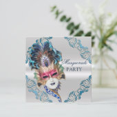 Pfau-Feder-Masken-Maskerade-Party-Silber Einladung (Stehend Vorderseite)