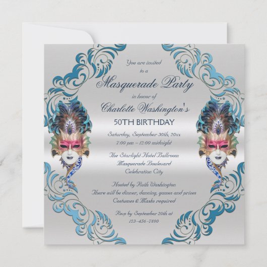 Pfau-Feder-Masken-Maskerade-Party-Silber Einladung (Rückseite)