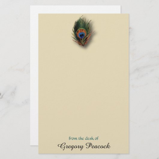 Pfau-Feder-personalisiertes Monogramm-Briefpapier Briefpapier (Vorne/Hinten)