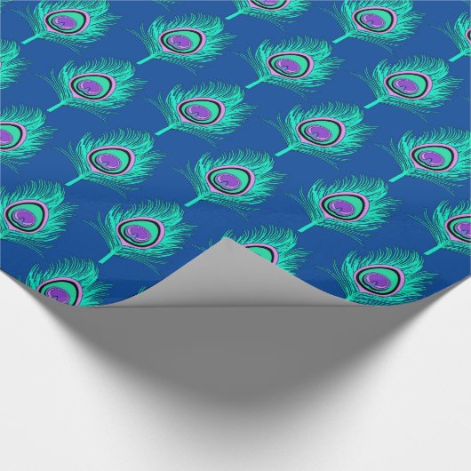 Pfau-Federn, Aqua auf tiefem Kobalt-Blau Geschenkpapier (Ecke)