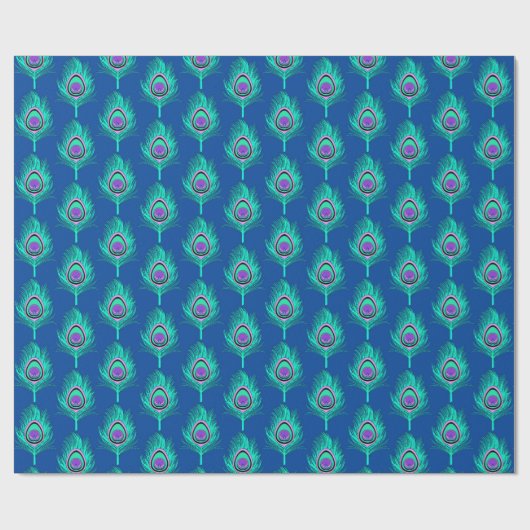 Pfau-Federn, Aqua auf tiefem Kobalt-Blau Geschenkpapier (Flach)