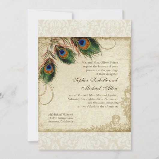 Pfau & Federn Einladende Hochzeitscreme Einladung (Rückseite)