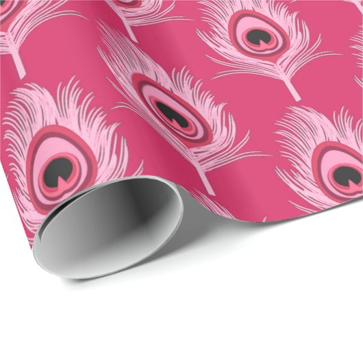 Pfau-Federn, Pastellrosa auf pinkfarbenem Rosa Geschenkpapier (Rolleneckpunkt)
