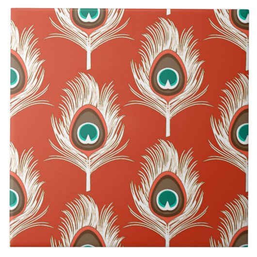 Pfau-Federn, weiß auf Mandarine Fliese (Vorderseite)