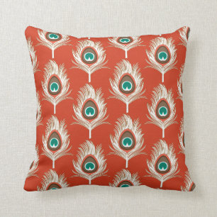 Pfau-Federn, weiß auf Mandarine Kissen