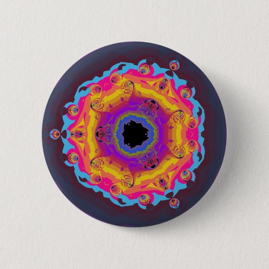 Pfau-Fraktalmandala-Gelb-Rosa lila Button (Vorderseite)