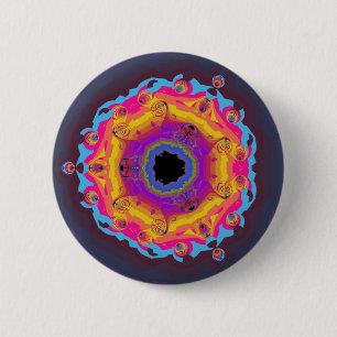 Pfau-Fraktalmandala-Gelb-Rosa lila Button