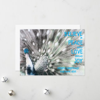 Pfau - FRIEDEN, LIEBE, FREUDE Flache Festtagskarte Feiertagskarte