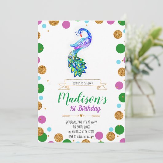 Pfau-Geburtstagsfeier Einladung (Stehend Vorderseite)