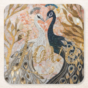 Pfau Gold Glitter Liebesröte Rose  Rechteckiger Pappuntersetzer