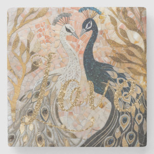 Pfau Gold Glitter Liebesröte Rose  Steinuntersetzer