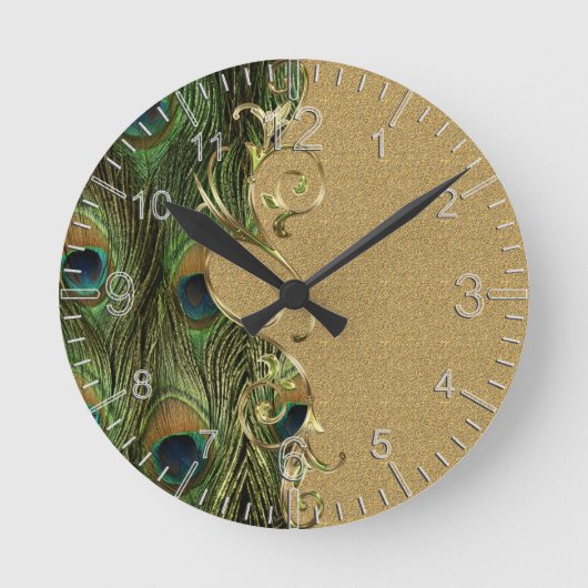 Pfau Goldene Swirling-Ornament-Vorlage Runde Wanduhr (Vorderseite)
