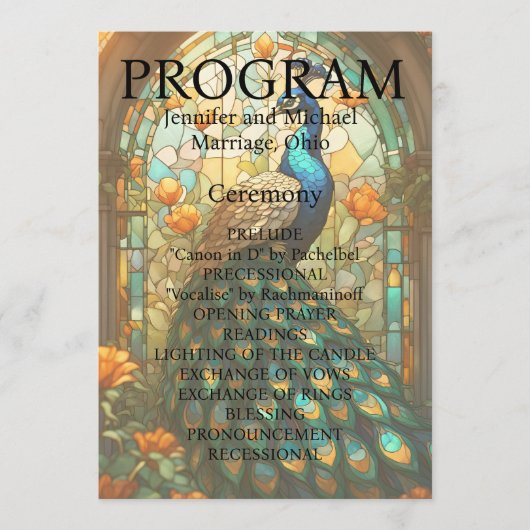 Pfau-Hochzeits-Buntglas-Programmkarte Programm (Vorderseite)