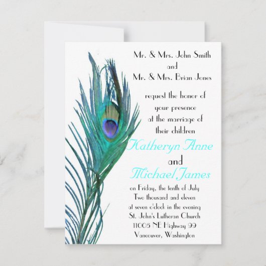 Pfau-Hochzeits-Einladung #2 Einladung (Vorderseite)