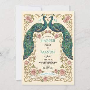 Pfau-Hochzeitseinladung Art Nouveau Floral Rahmen Einladung