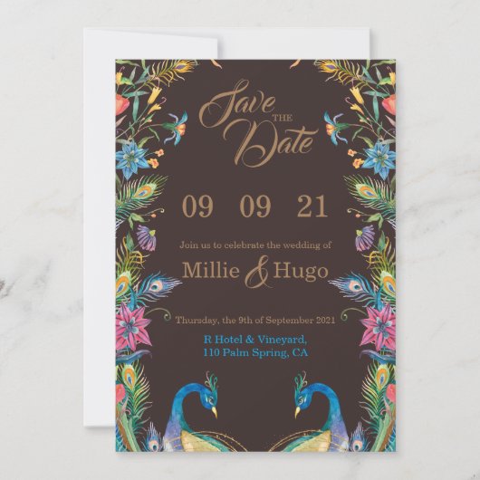 Pfau-Hochzeitseinladung Einladung (Vorderseite)