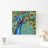 Pfau I Quadratische Wanduhr (Zuhause)