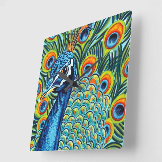 Pfau I Quadratische Wanduhr (Winkel)