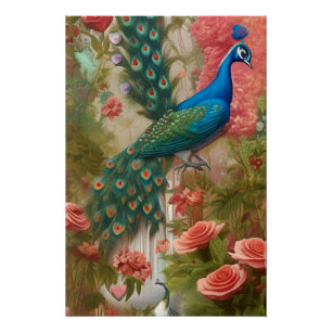 Pfau im Aprikosen-Rosengarten Poster