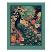 Pfau im Blumenmuster mit türkisfarbenem Mond