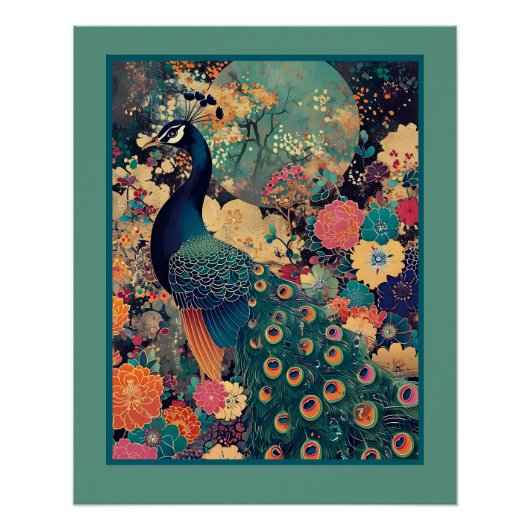 Pfau im Blumenmuster mit türkisfarbenem Mond Poster (Vorderseite)