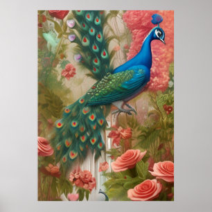 Pfau im Gartenpark Apricot Rose Poster