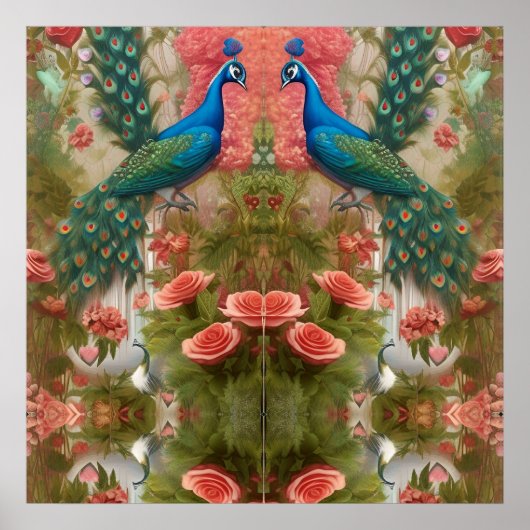 Pfau im Gartenpark Apricot Rose Poster (Vorne)