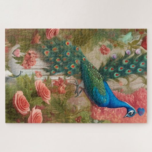 Pfau im Gartenpark Apricot Rose Puzzle (Horizontal)