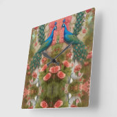 Pfau im Gartenpark Apricot Rose Quadratische Wanduhr (Winkel)