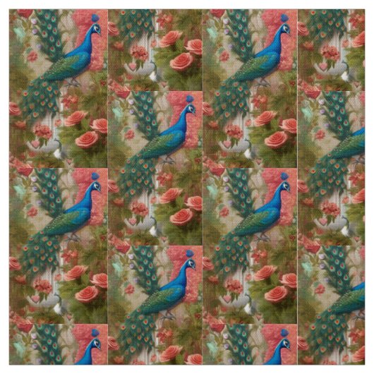Pfau im Gartenpark Apricot Rose Stoff (Muster)