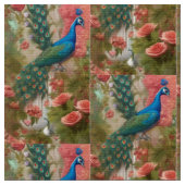 Pfau im Gartenpark Apricot Rose Stoff (Nahaufnahme)