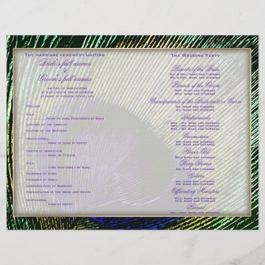 Pfau im lila Hochzeitsprogramm (Vorderseite)