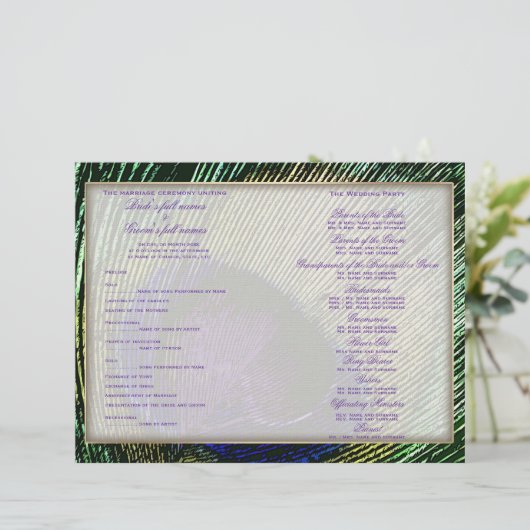 Pfau im lila Hochzeitsprogramm (Stehend Vorderseite)