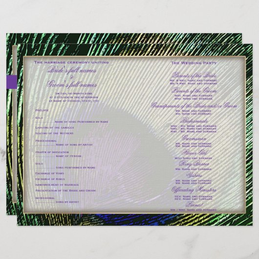 Pfau im lila Hochzeitsprogramm (Vorne/Hinten)