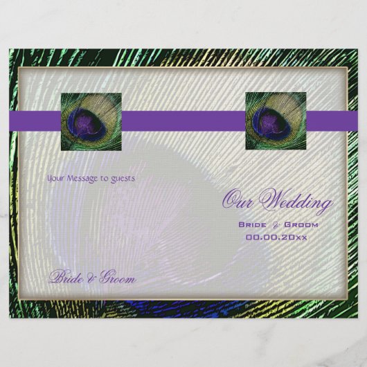 Pfau im lila Hochzeitsprogramm (Rückseite)