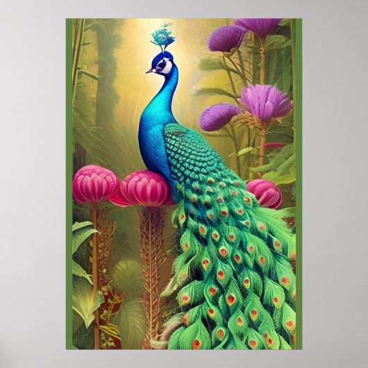 Pfau im Rosa-Gartenwald Poster (Vorne)